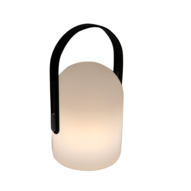 Hampton USB LED lantern in taupe with a black handle, lit, on a plain background