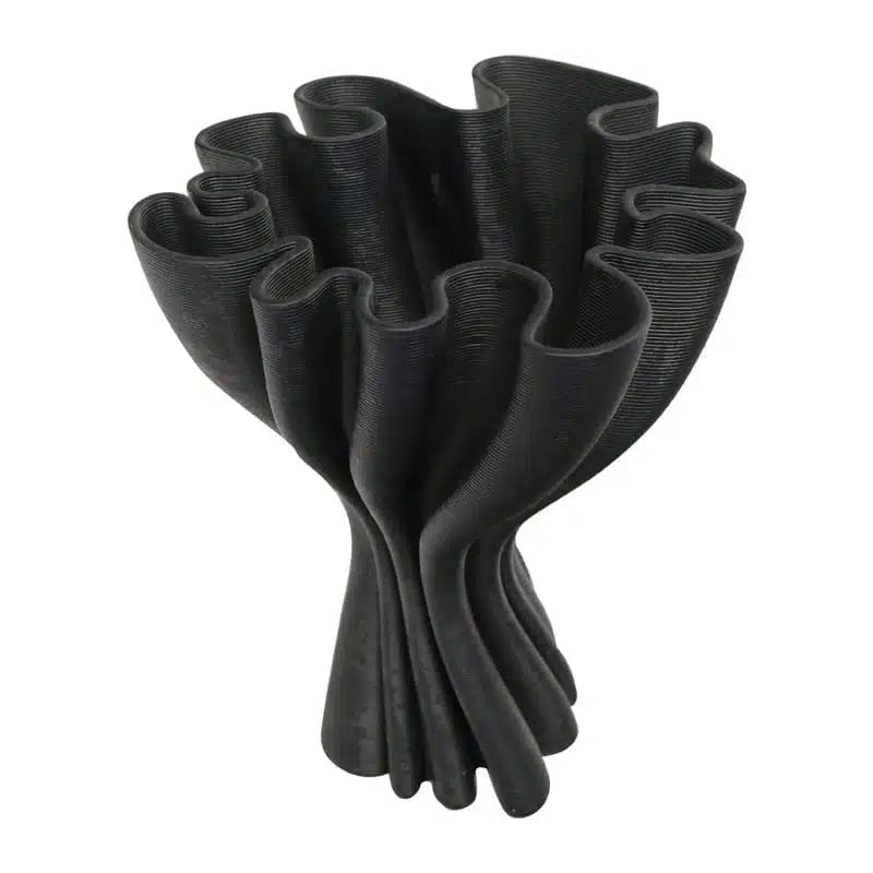 3D Printed Cooper Sculptural Vase in black on plain background