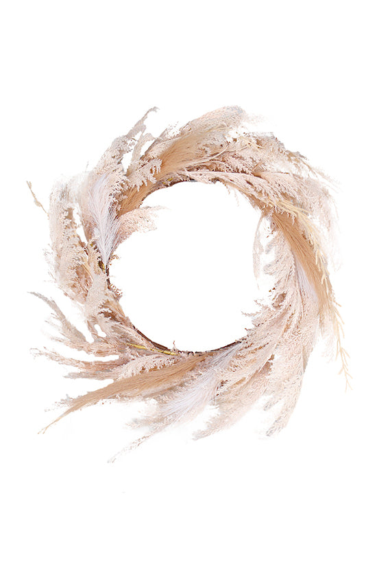 A Beach Pampas Wreath adorned with artificial greenery, creating an artistic floral styling on a white background. (by Artificial Flora)