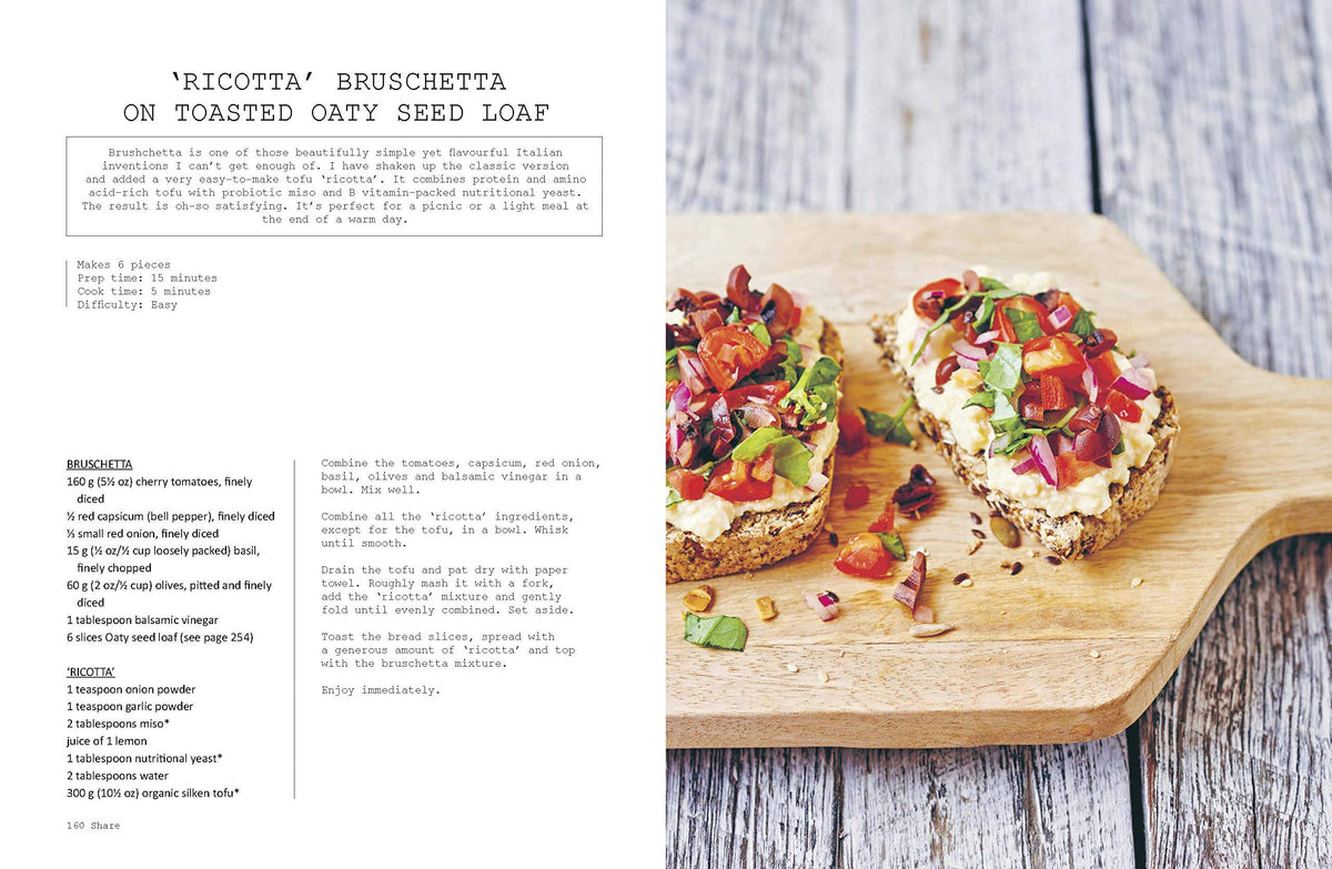 Whole cookbook spread for Ricotta Bruschetta on Toasted Oaty Seed Loaf