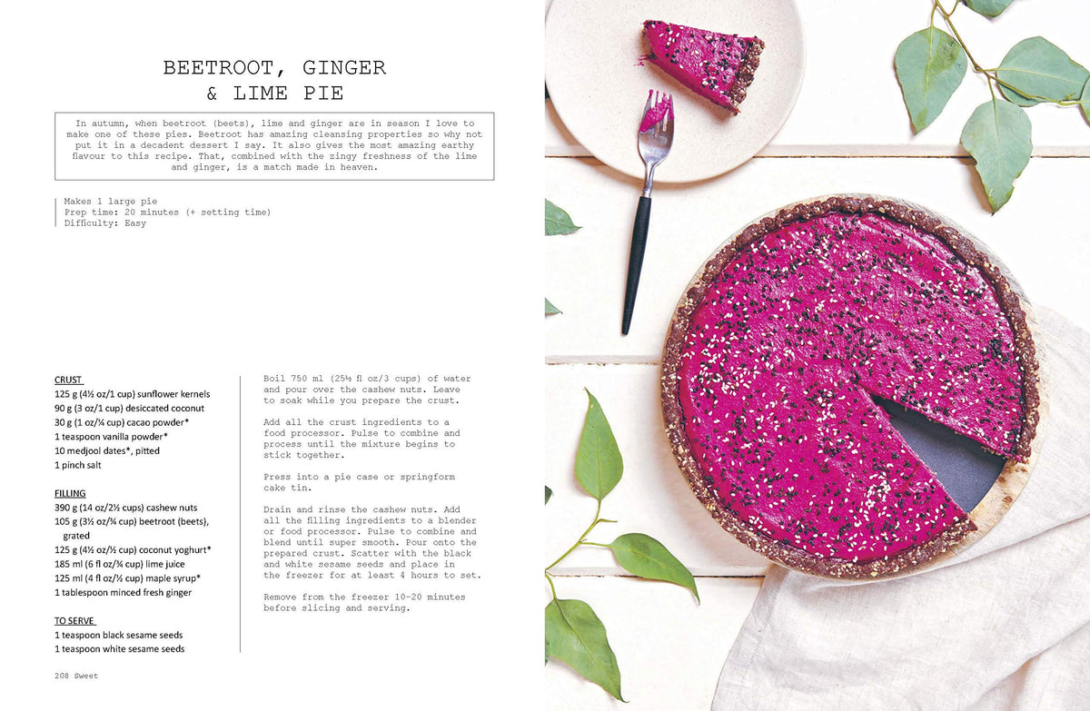Whole cookbook spread for Beetroot, Ginger and Lime Pie with a slice on a plate