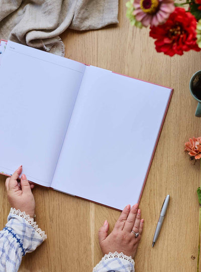 Hands smoothing the photo journal open at two blank pages