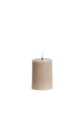 Small greige LED wax pillar candle with flickering flame, 7.5 x 10 cm