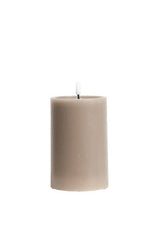 Large greige LED wax pillar candle with flickering flame, 10 x 15 cm