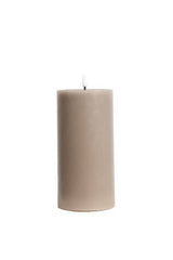 Extra large greige LED wax pillar candle with flickering flame, 10 x 20 cm