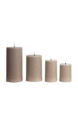 Flameless LED wax pillar candle in greige, all four sizes shown together