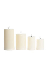 Flameless LED wax pillar candle in natural, all four sizes shown together