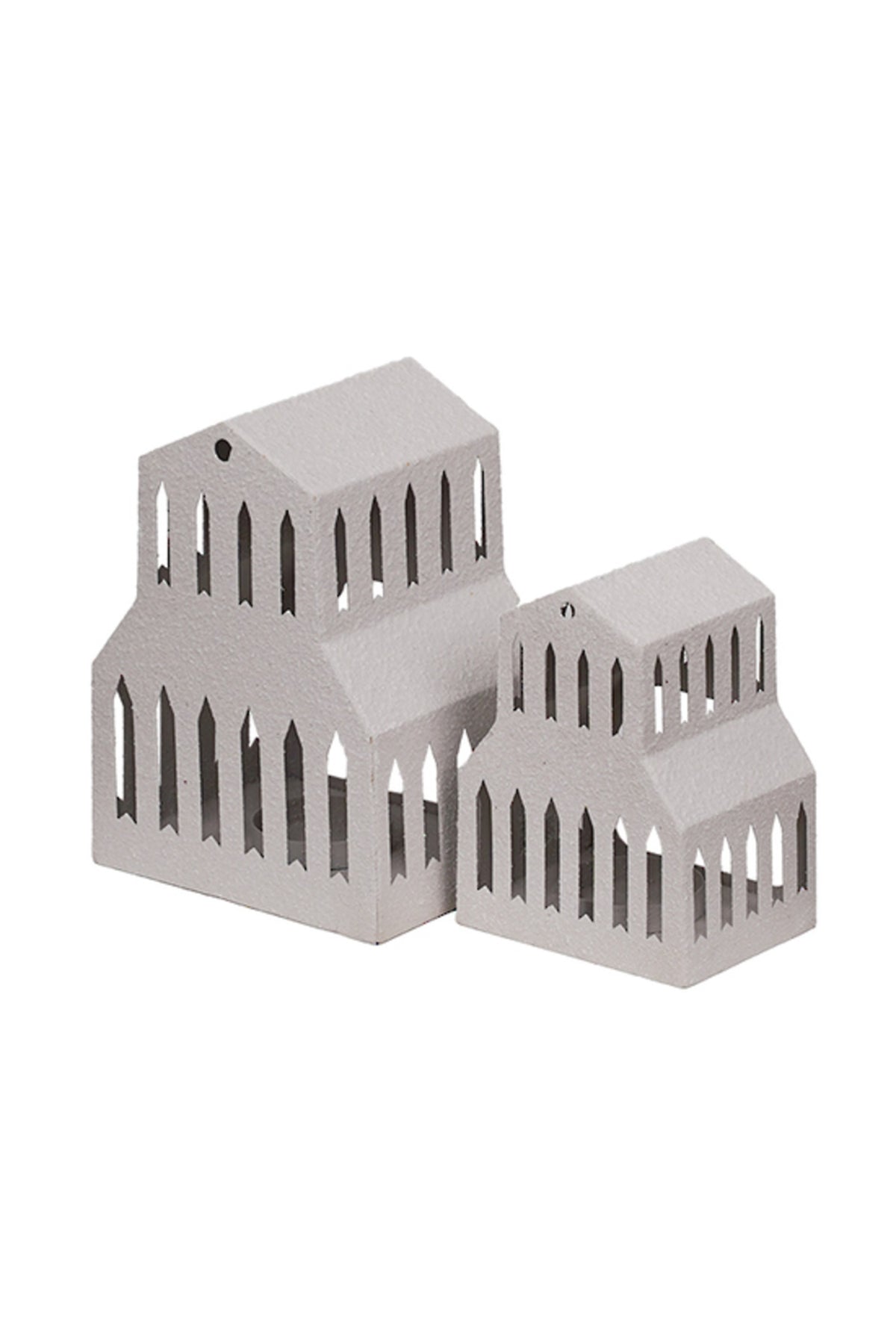 Gable roof house tealight holders in two sizes shown together