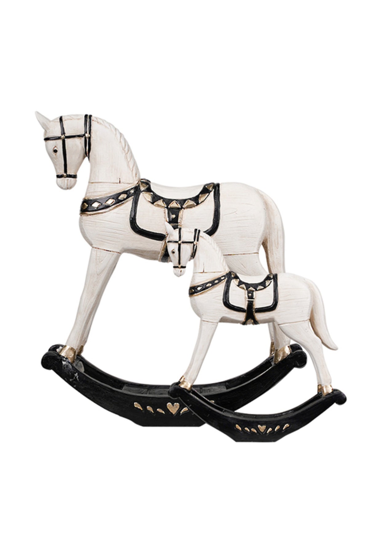 Rocking horse Christmas ornaments shown in small and large
