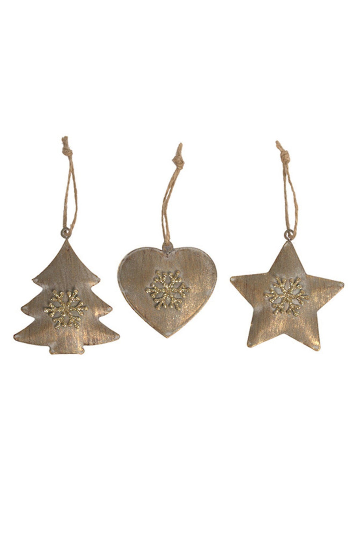 Filigree trio decorations in brushed champagne: tree, heart and star