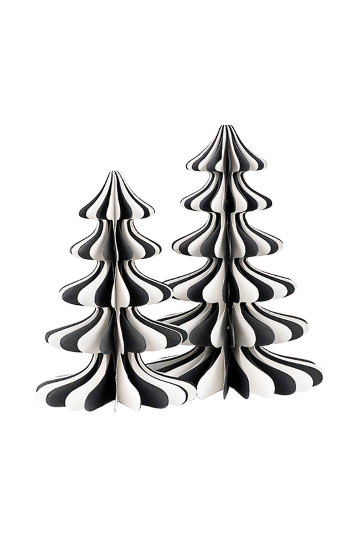 Monochrome honeycomb paper trees in two sizes shown together