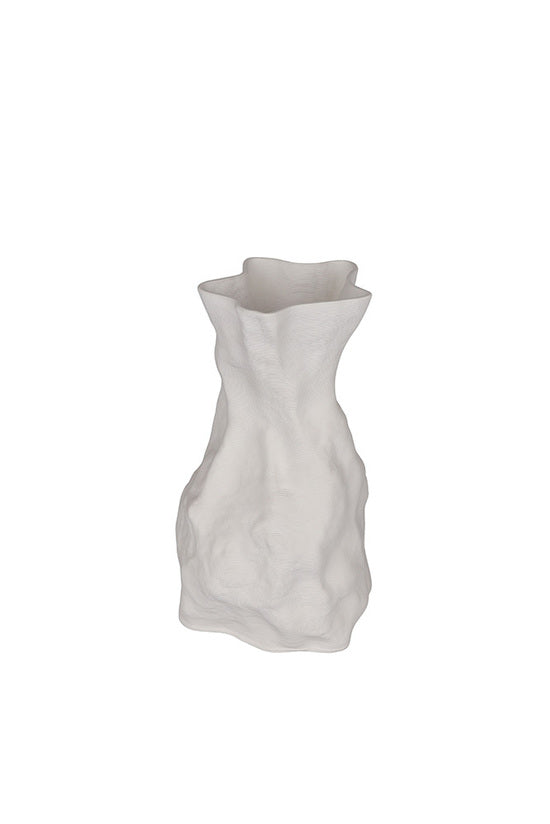 Zoe vase in white ceramic, a crumpled column flaring to a softly folded rim
