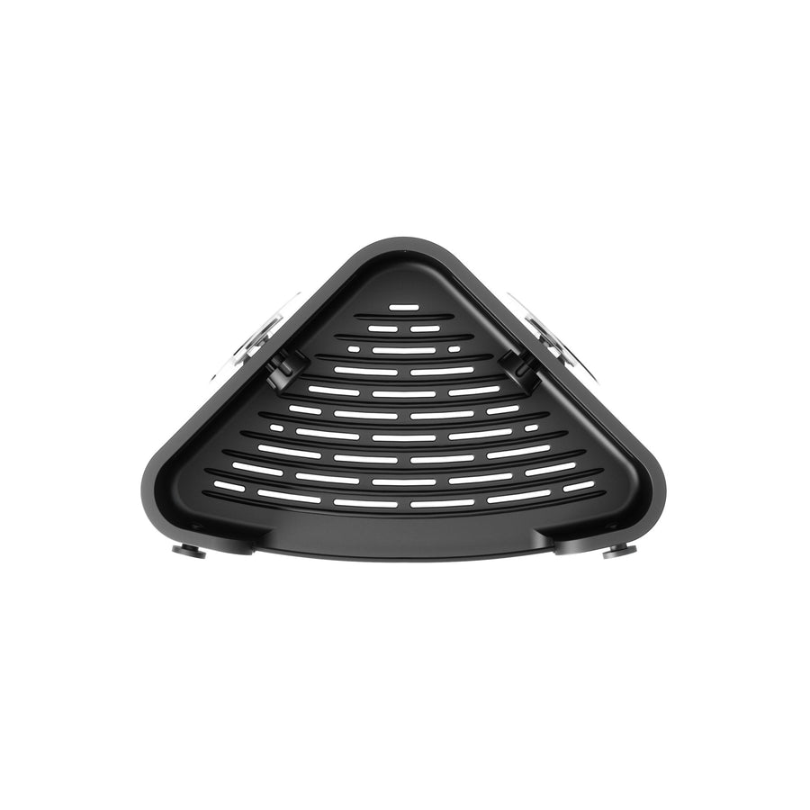 Underside of the Umbra Flex corner bin in black, showing the slotted drainage tray