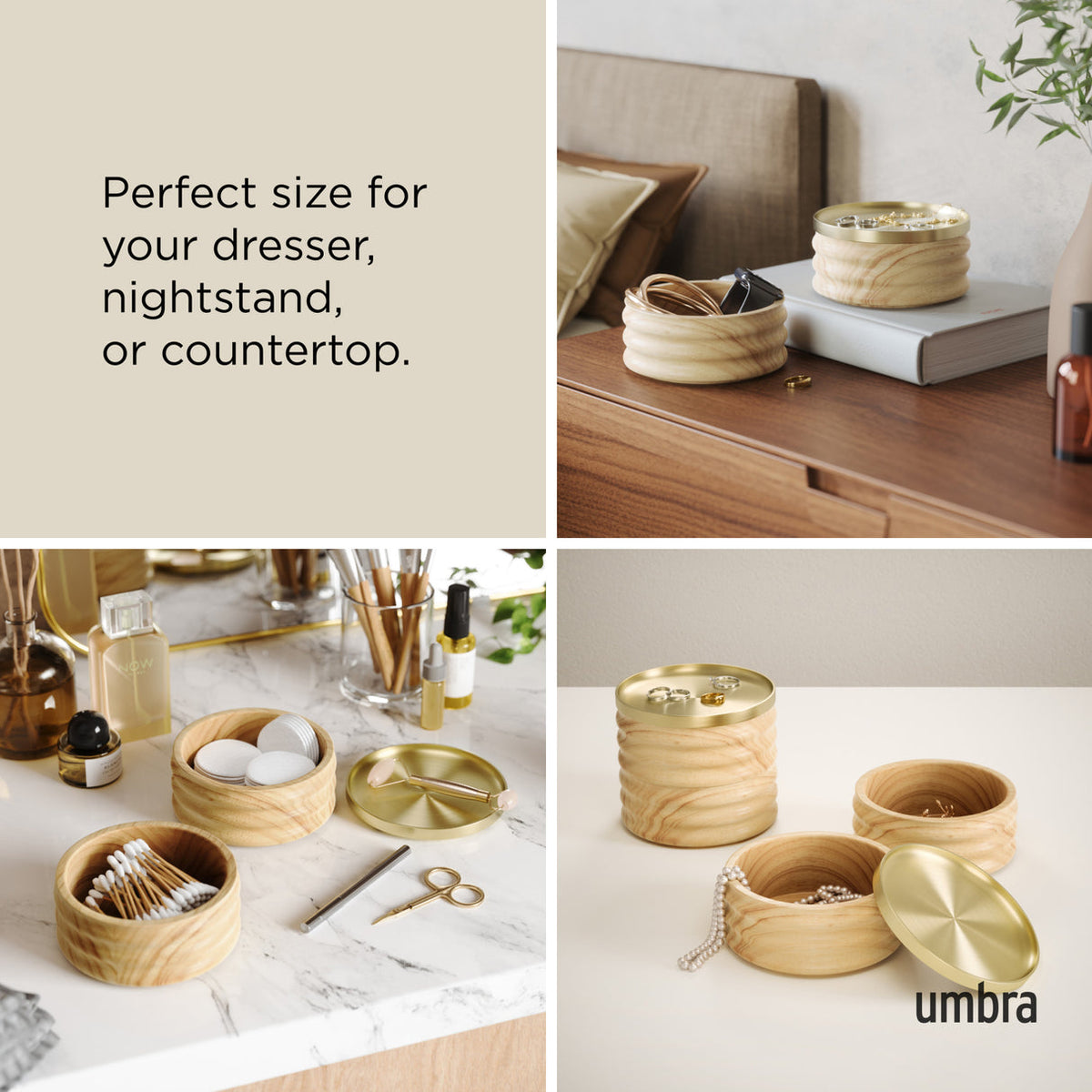 Umbra Tesora storage box in natural and brass, sized for a dresser, nightstand or counter