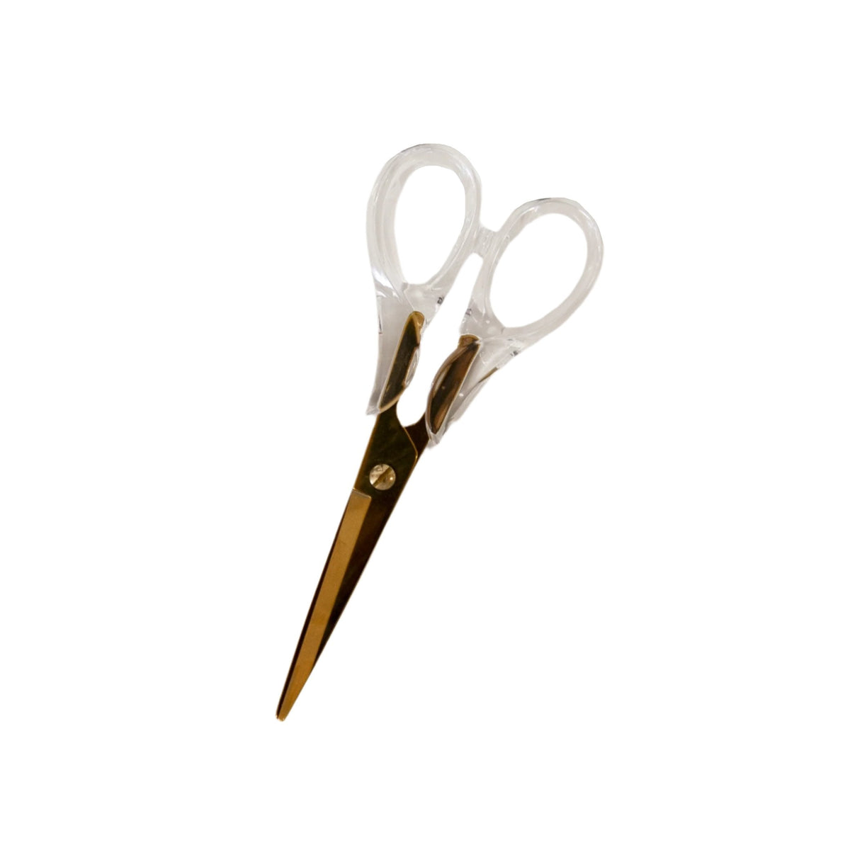 Acrylic scissors with clear handles and gold blades on white