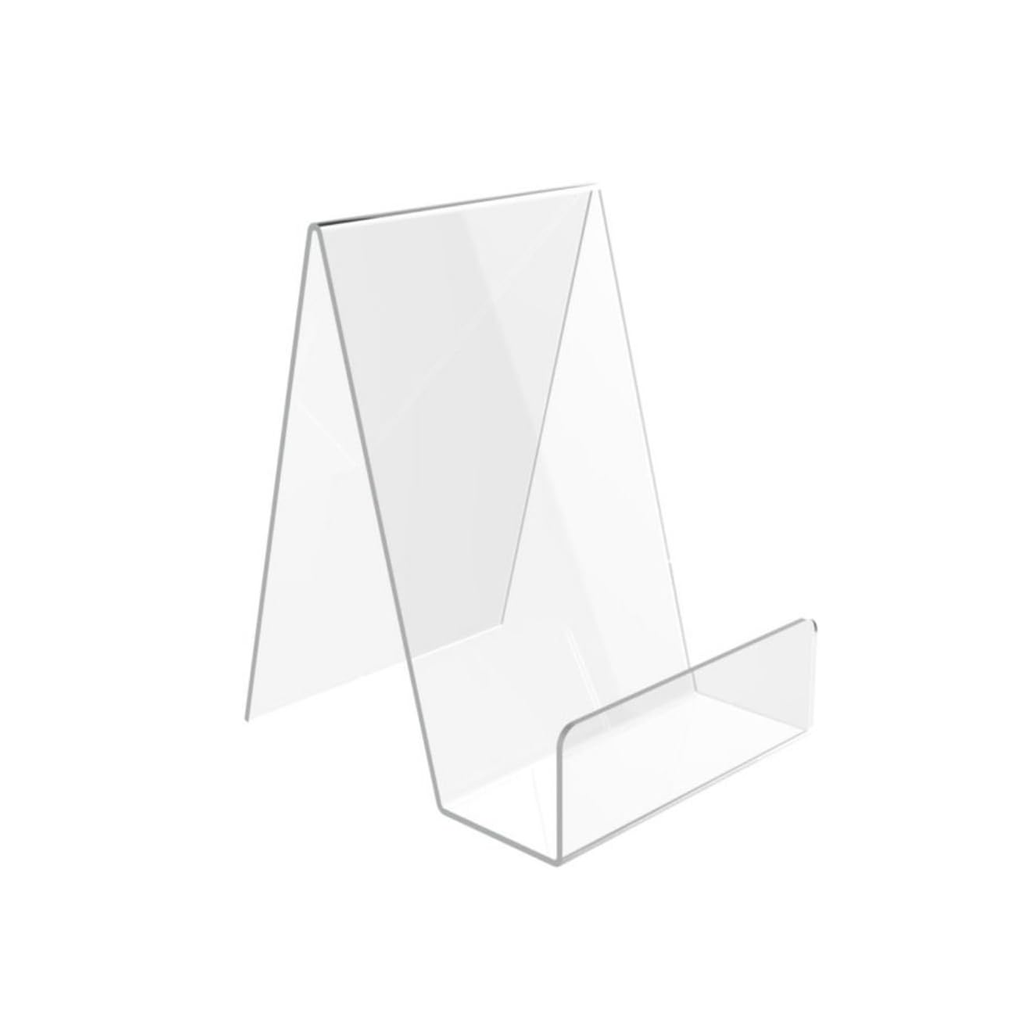 Clear acrylic book stand, an angled easel with a lipped ledge to hold the cover