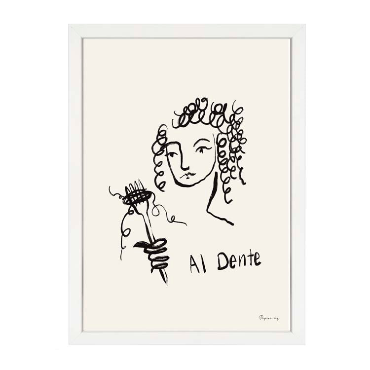 Al Dente Print by Papier HQ in a white frame, expressive black ink portrait with a hand twirling pasta on a fork