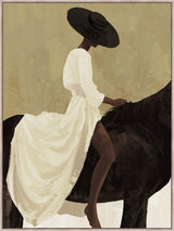 Ali framed canvas wall art – woman in white gown on black horse, portrait artwork by Ned Collections.