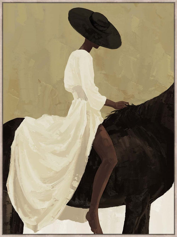 Ali framed canvas wall art – woman in white gown on black horse, portrait artwork by Ned Collections.