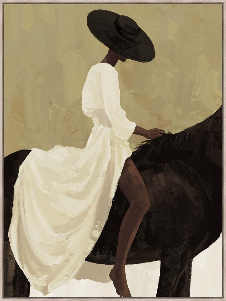 Ali framed canvas wall art – woman in white gown on black horse, portrait artwork by Ned Collections.