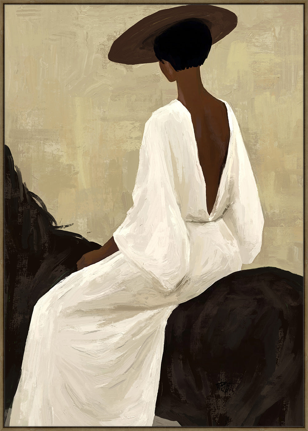 Full canvas view: wide brown hat, open-backed white gown and the dark horse against a brushed sand background