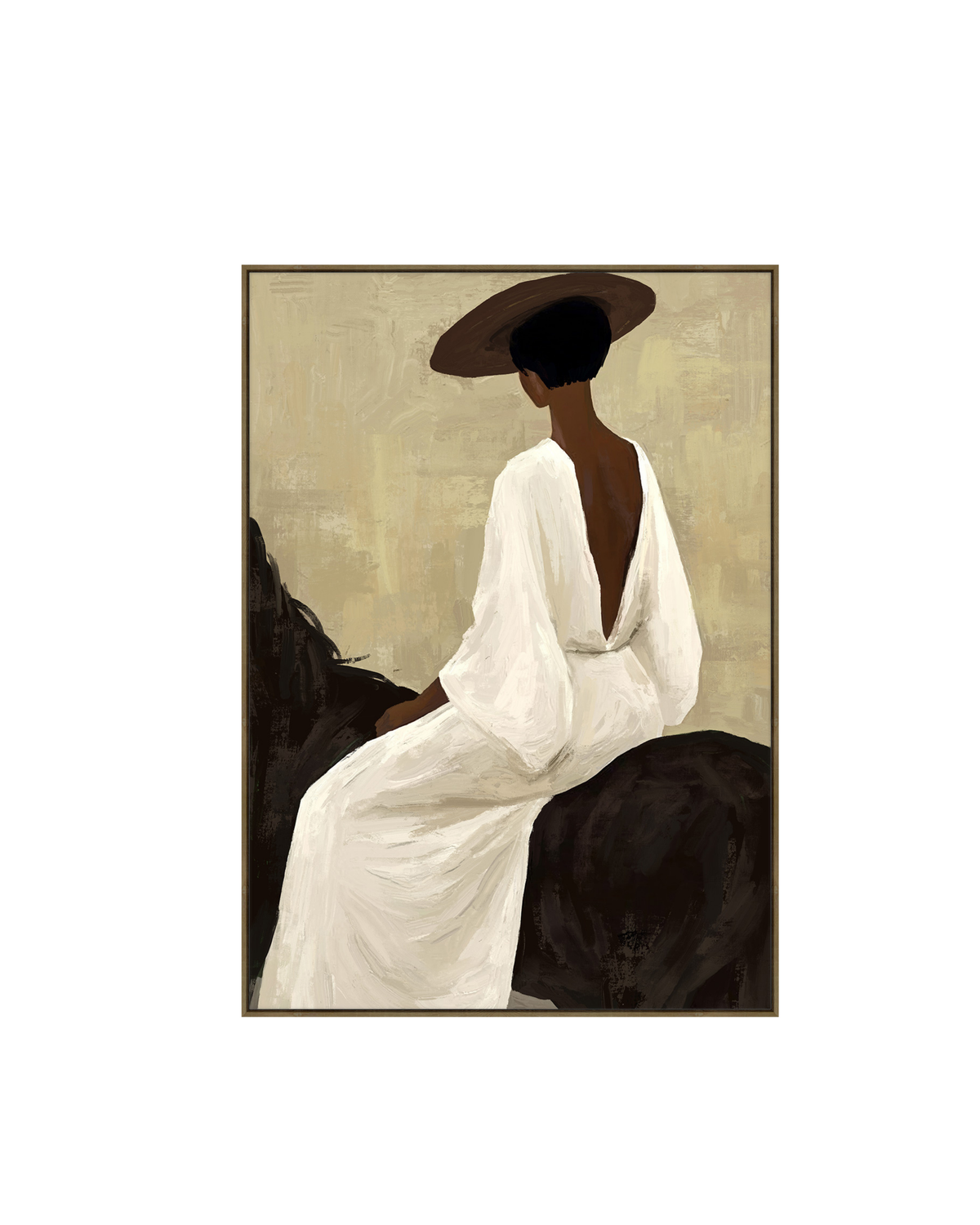 Ali's Sister Print by Ned Collections, portrait canvas of a woman in a white gown on a dark horse