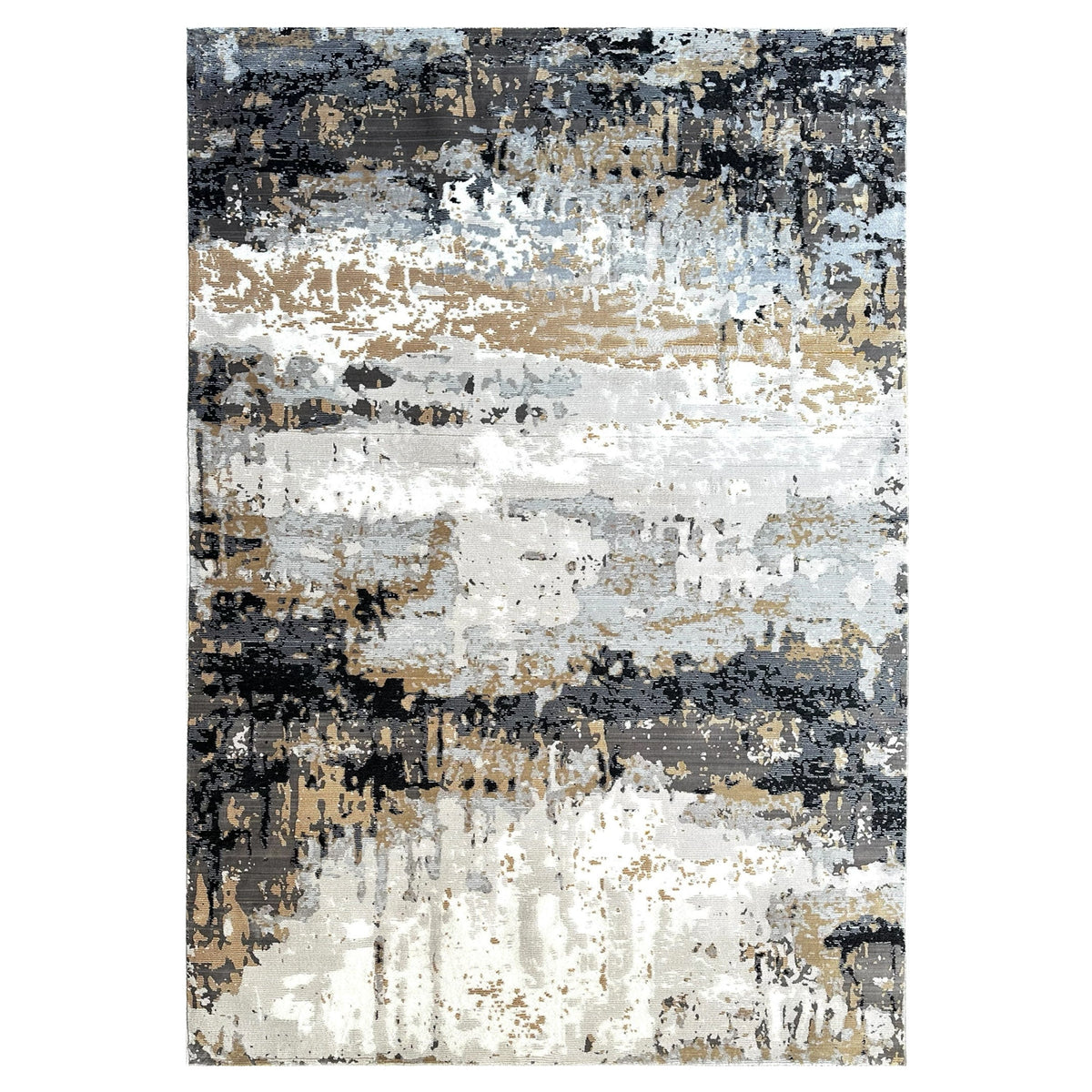 Alto Midnight Gold abstract rug in black, grey, ivory and gold, shown flat on white