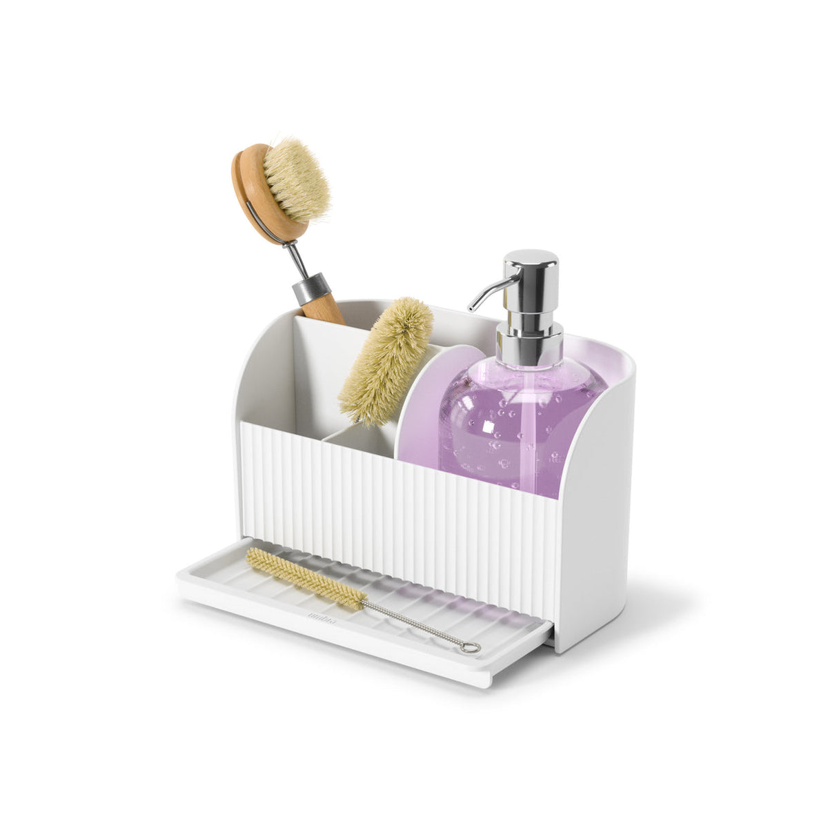 Umbra Sling sink caddy in white with a soap pump and brushes in its compartments