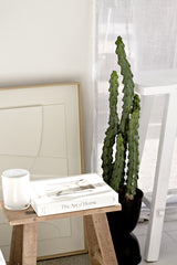 Lifelike tall artificial cactus in black pot styled beside books, natural wood stool, and framed neutral artwork in a minimalist interior.