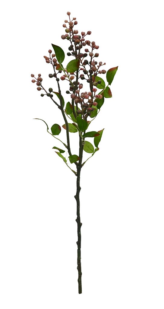 Artificial plant stem with leaves and small berries on a white background
