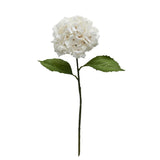 Artificial white hydrangea flower with green leaves on a white background