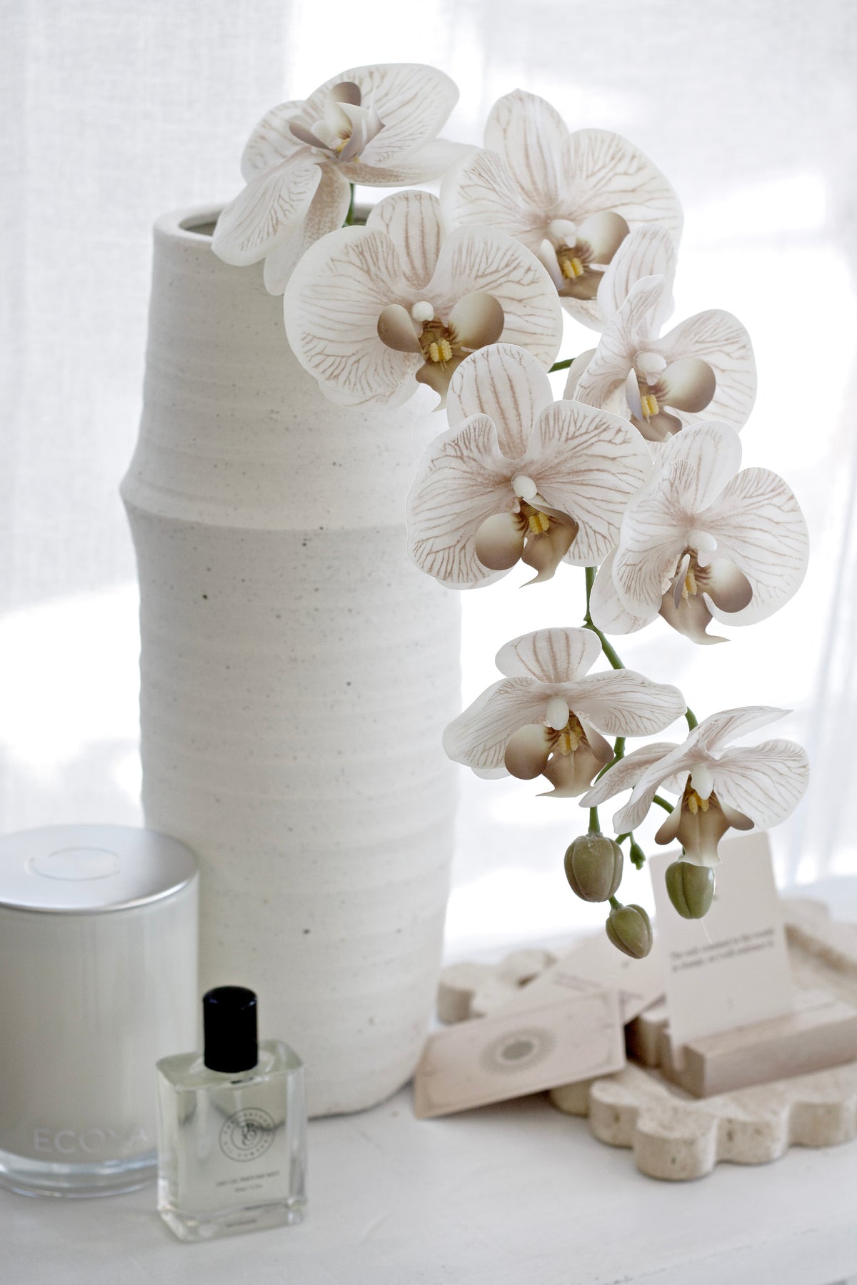 Cream orchids in a tall ribbed ceramic vase with a scent bottle and small timber blocks