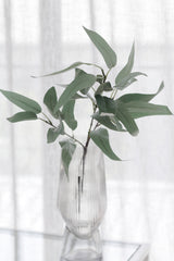 Tall artificial willow eucalyptus stem in grey green, styled in a ribbed clear glass vase in front of sheer white curtains