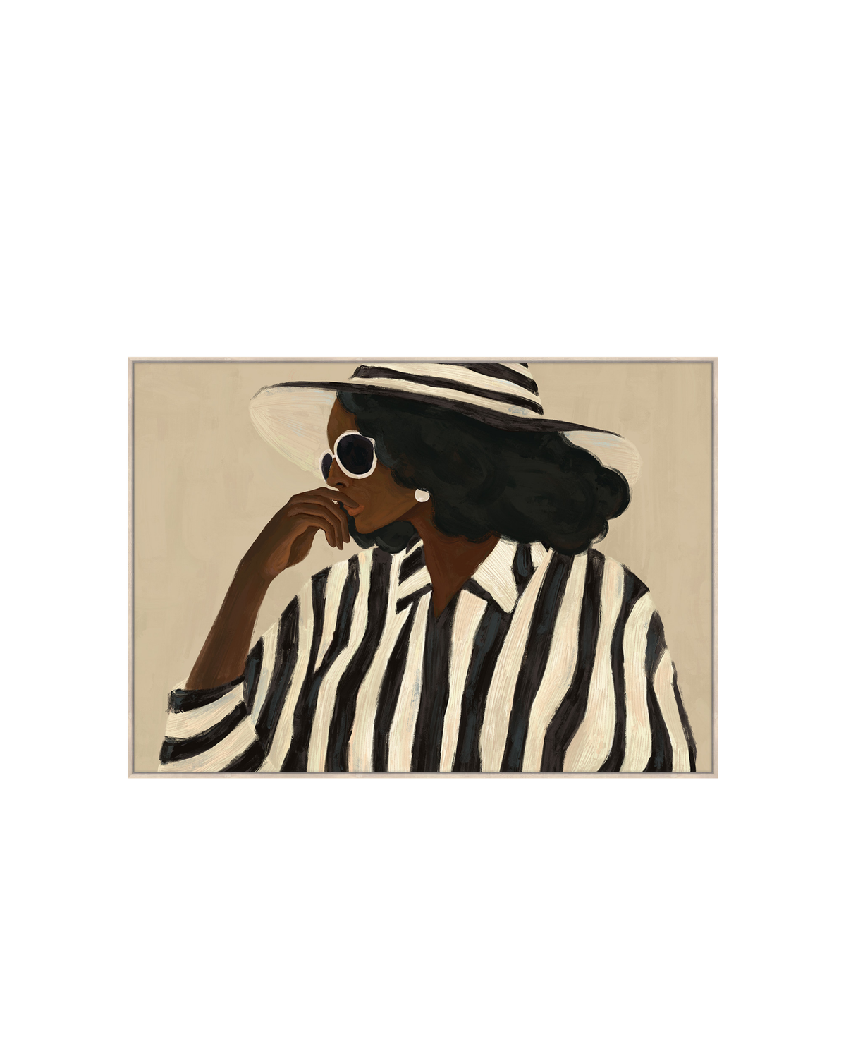 As Per Print by Ned Collections, woman in a striped shirt, sun hat and white sunglasses, light natural frame