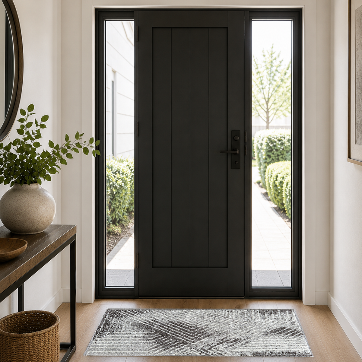 Charcoal and white mat inside a black front door, shown in the 50 x 80 cm size