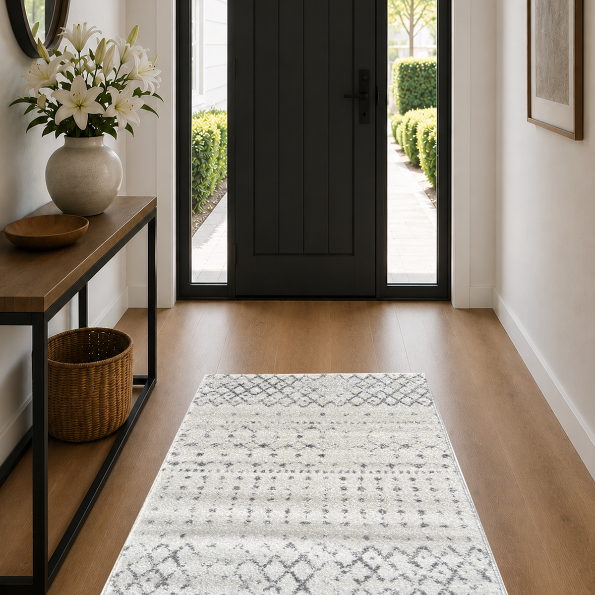 Ivory Aztec rug in the 80 x 150 cm size in a hallway with a timber console and black front door