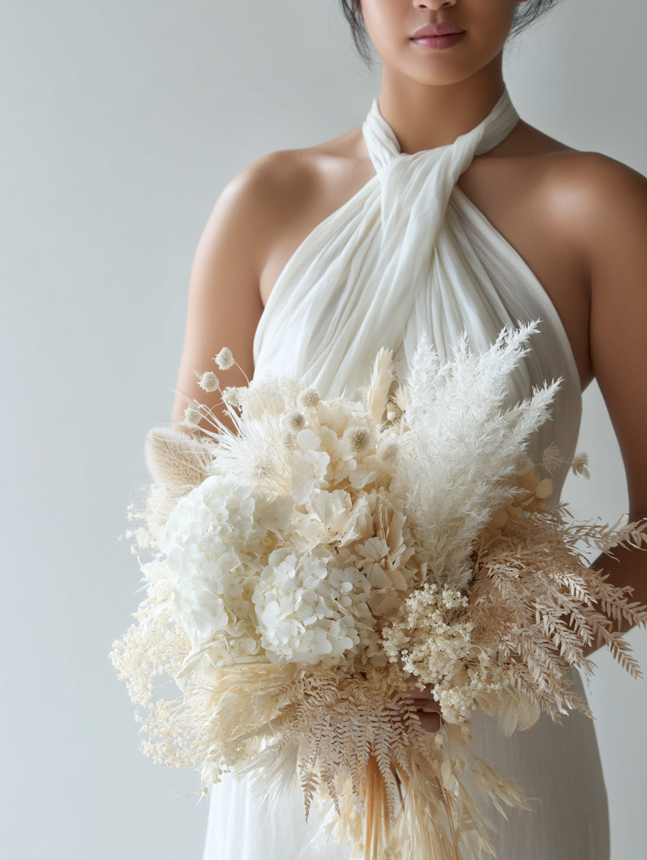 A woman in a white dress holding a large bouquet of cream dried look blooms and plumes