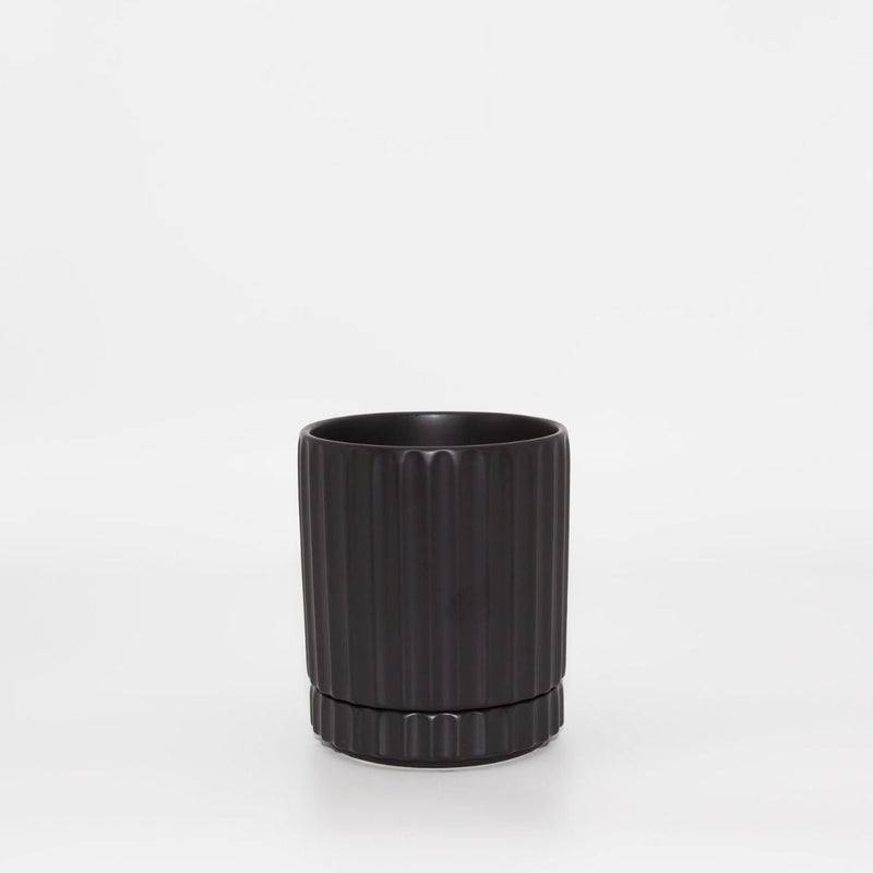 Athens Planter Black – Ribbed Ceramic Pot with Saucer & Drainage (3 Sizes)
