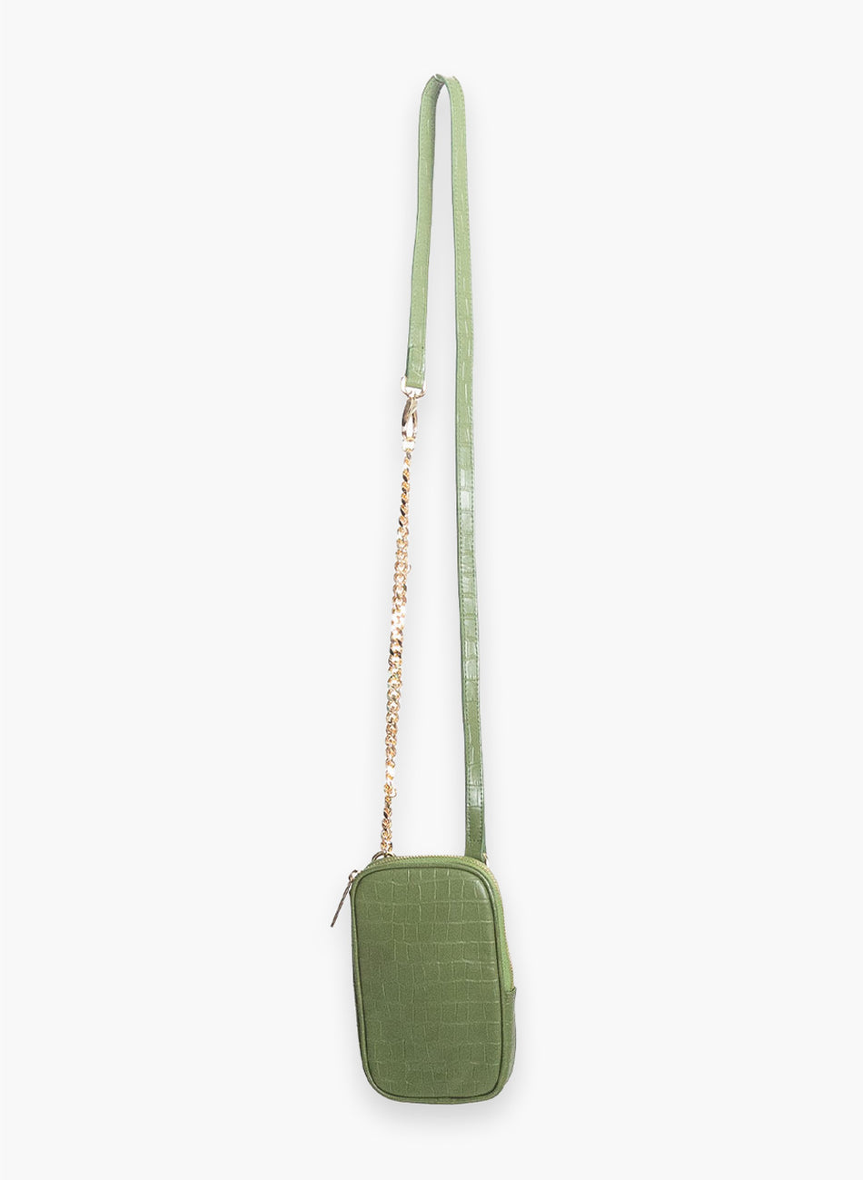 Attached To Me crossbody bag in olive green croc, front view