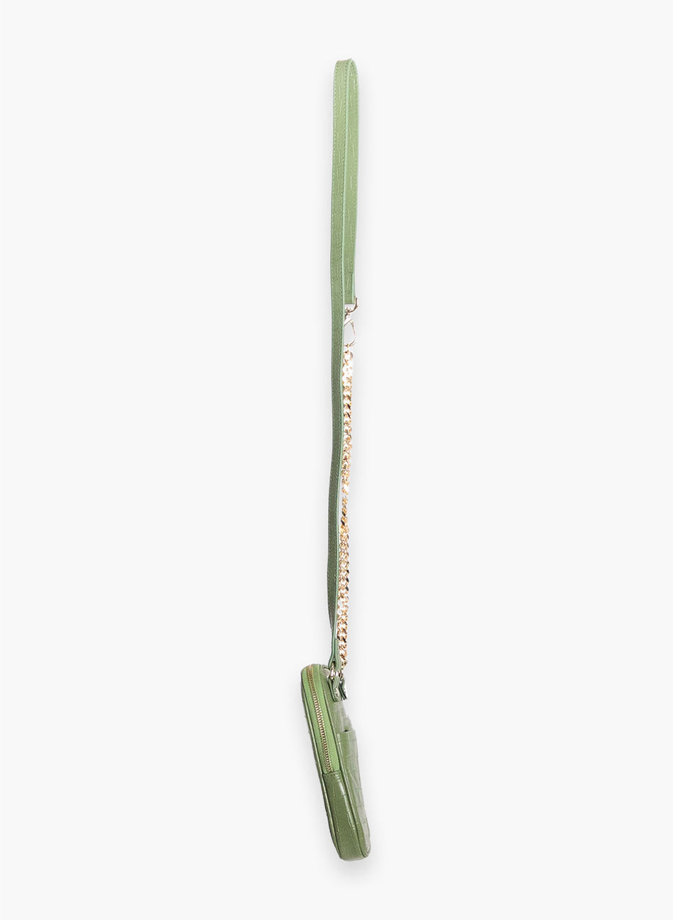 Olive green croc Attached To Me bag, side profile