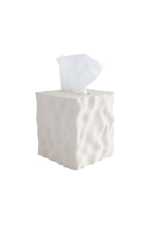 Flow tissue box cover in a cream matte finish on a white background
