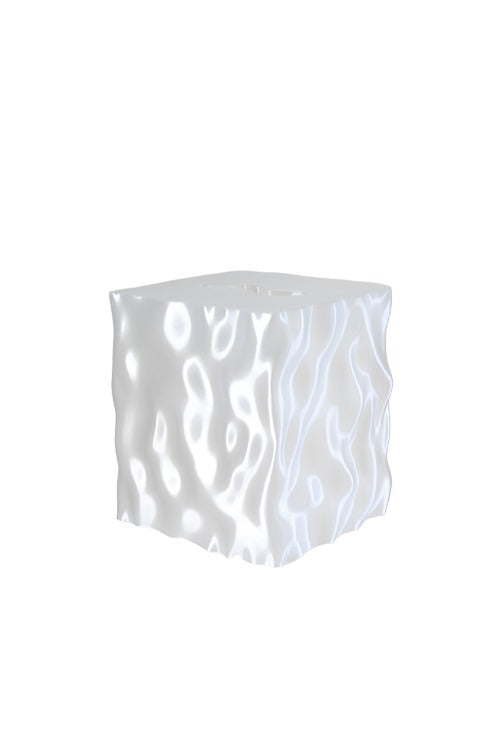 Empty clear Flow tissue box cover on a white background