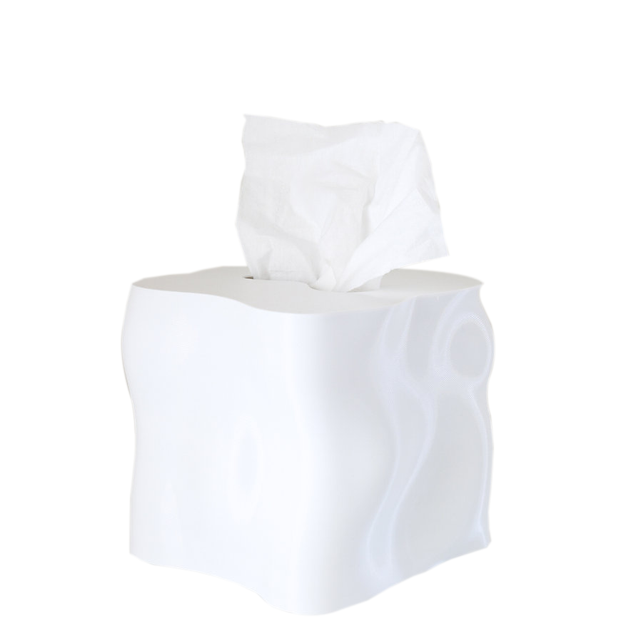 Ebb 3D printed tissue box cover in white on a white background