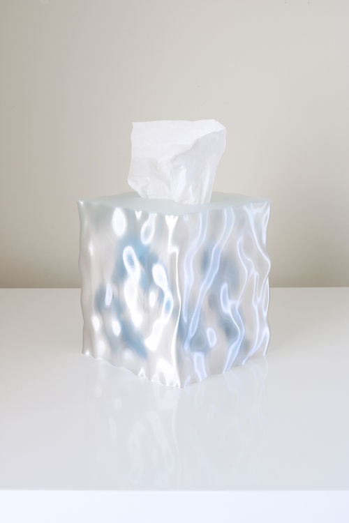 A Flow Tissue Box made by Utilize Studios, constructed with 3D printed tissue box made from recycled PLA plastic, sitting on a white surface.
