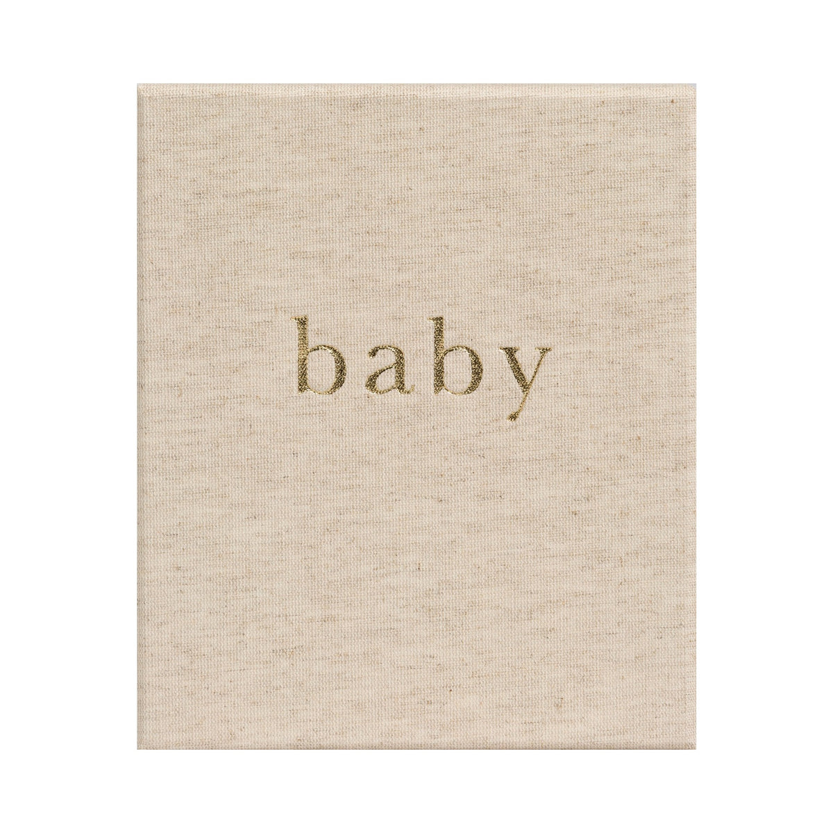 Write To Me Baby First Year of You journal in oatmeal linen with gold embossed title, front cover on a white background