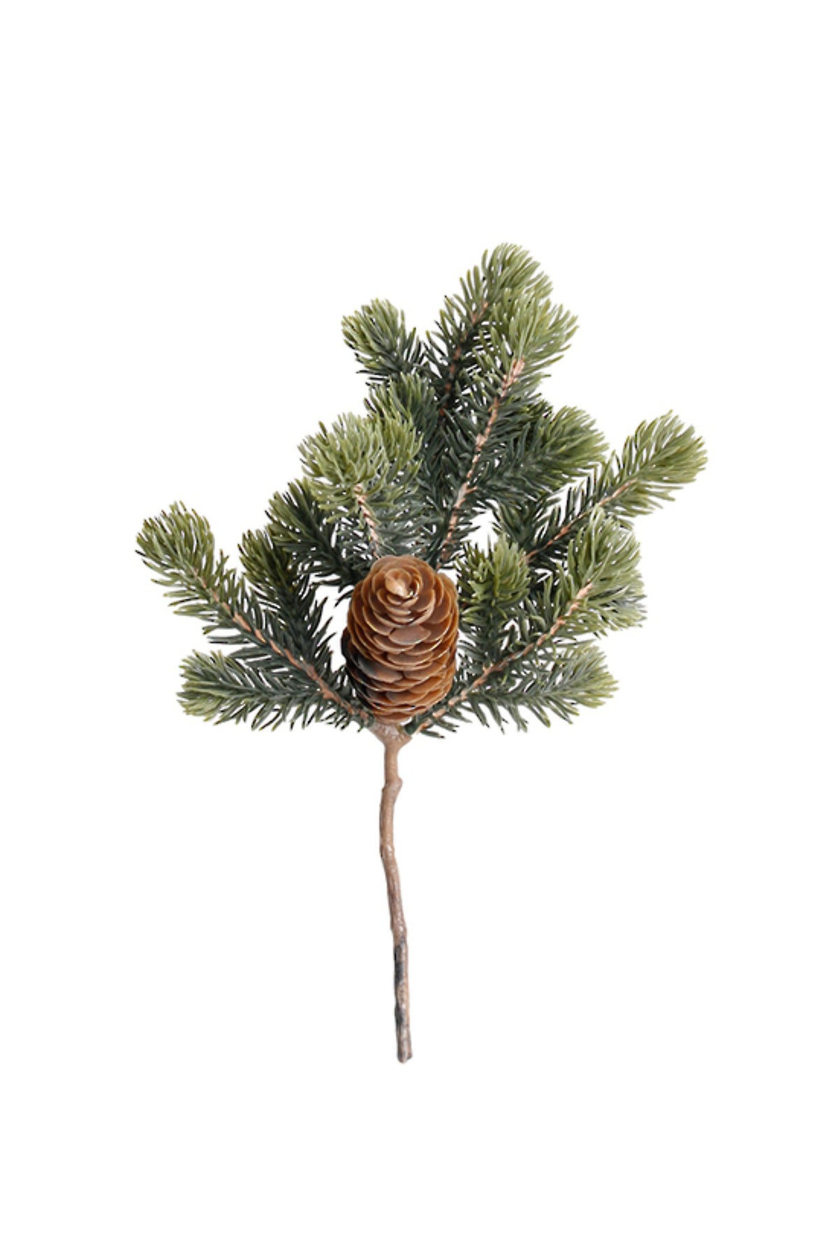 Short artificial balsam fir spray with a natural brown pine cone, 25cm