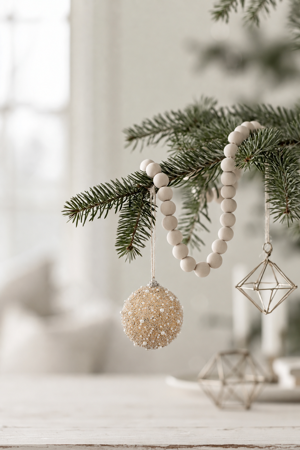 Beaded Bauble in champagne and pearl 8.8cm hanging from a pine branch with a wooden bead garland and a geometric ornament
