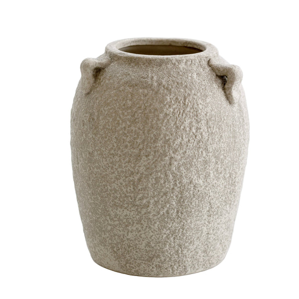 Textured beige stone vase with sculptural side handles, front view on white background