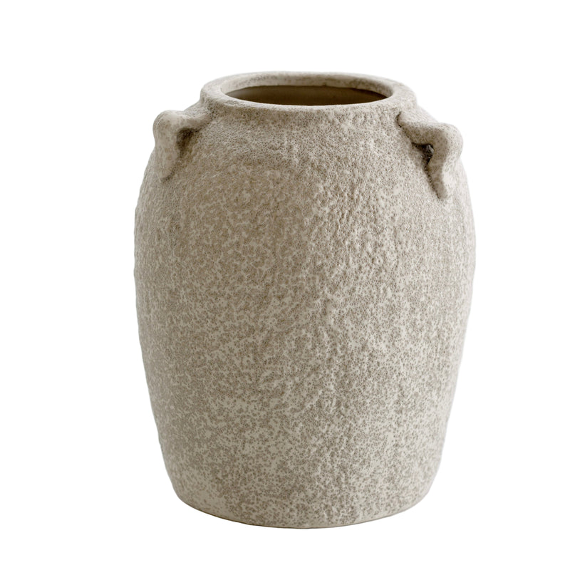 Textured beige stone vase with sculptural side handles, front view on white background