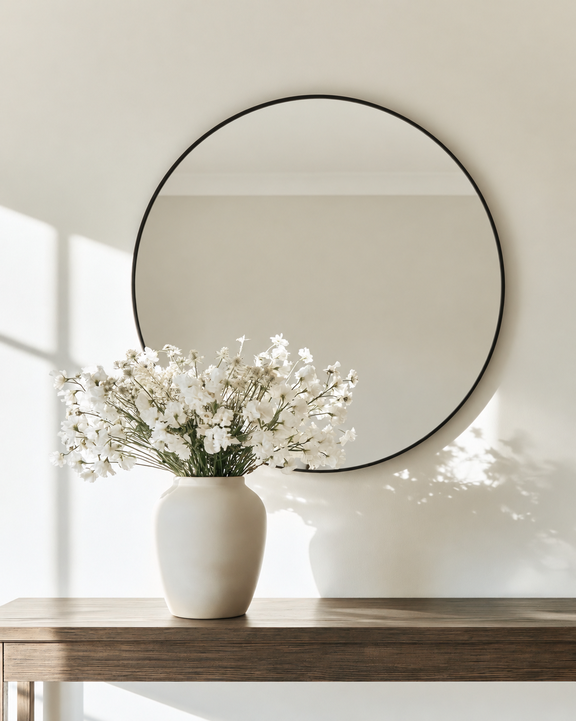 Bella Round Wall Mirror in black above a timber console with white flowers in a sunlit hallway